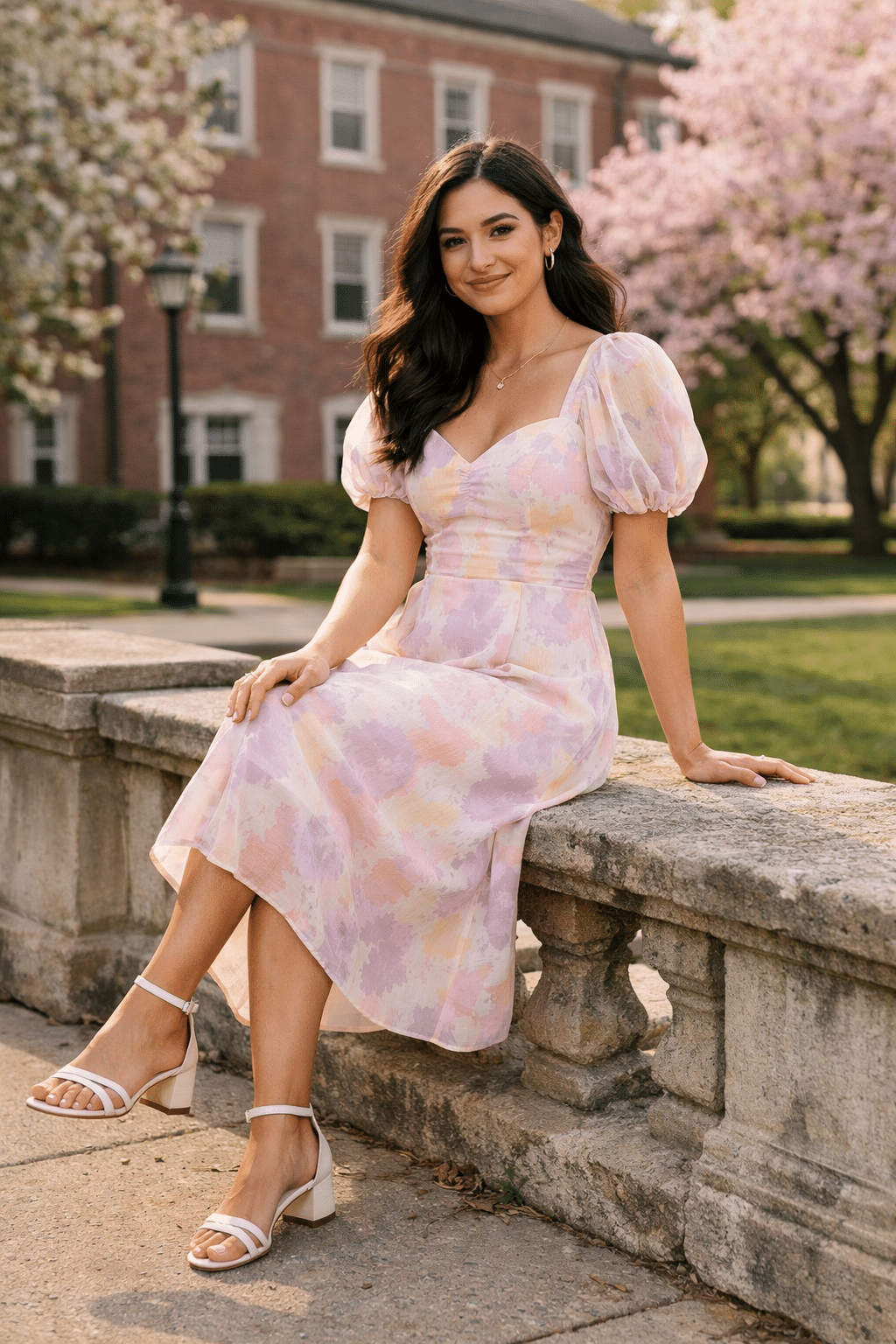 Pastel puff-sleeve midi dress styled as a chic graduation outfits for women choice for spring ceremonies