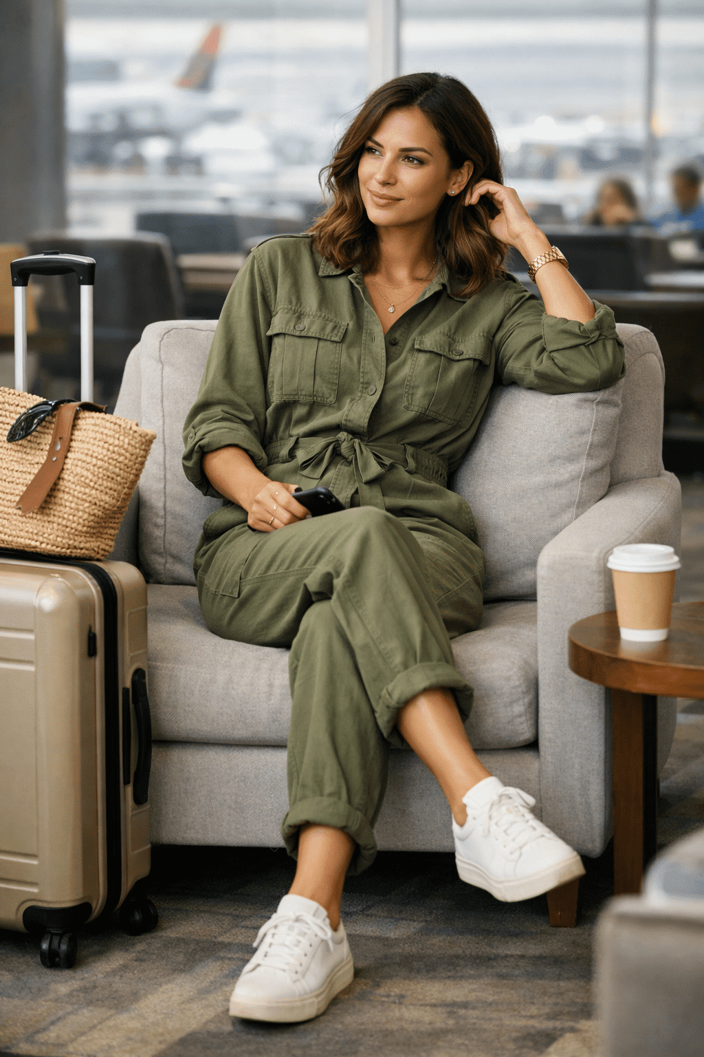 Relaxed utility jumpsuit with cinched waist and cargo pockets, travel outfit ideas women seeking comfort and ease Relaxed utility jumpsuit with cinched waist and cargo pockets, travel outfit ideas women seeking comfort and ease