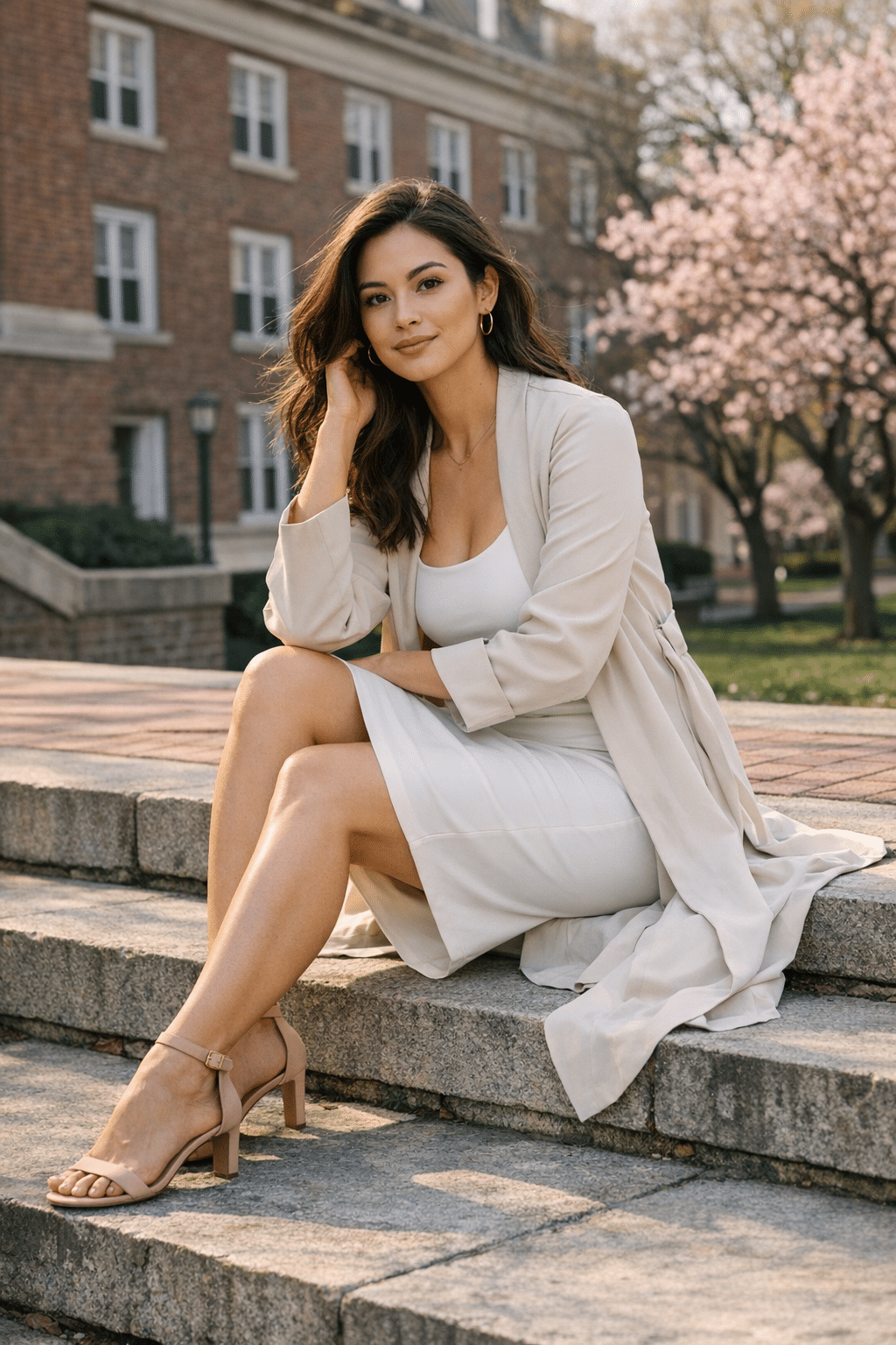 Sleek bodycon midi dress with lightweight duster layered for chic graduation outfits for women