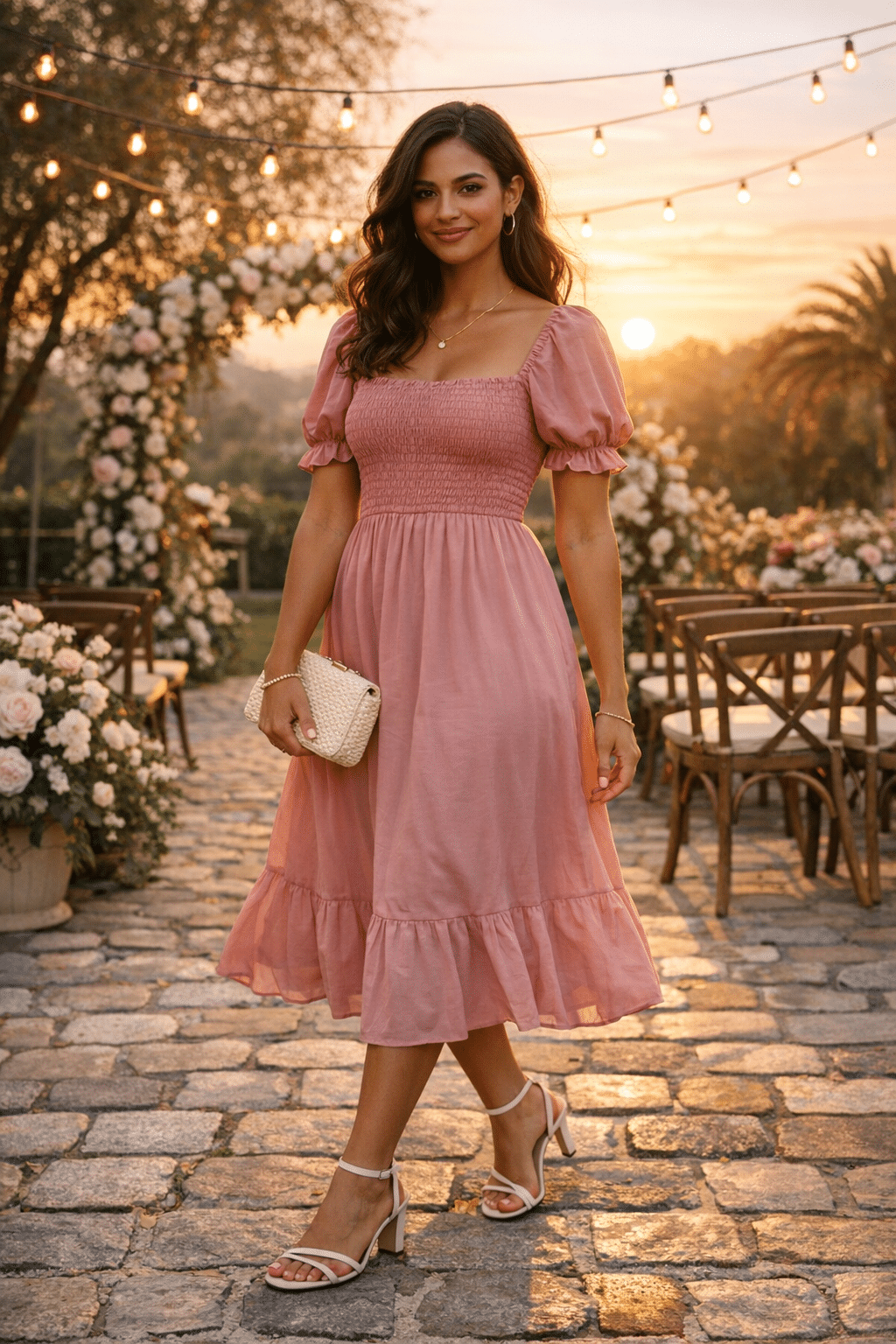 Dusty rose smocked-bodice puff-sleeve sundress for wedding guest outfits summer Dusty rose smocked-bodice puff-sleeve sundress for wedding guest outfits summer