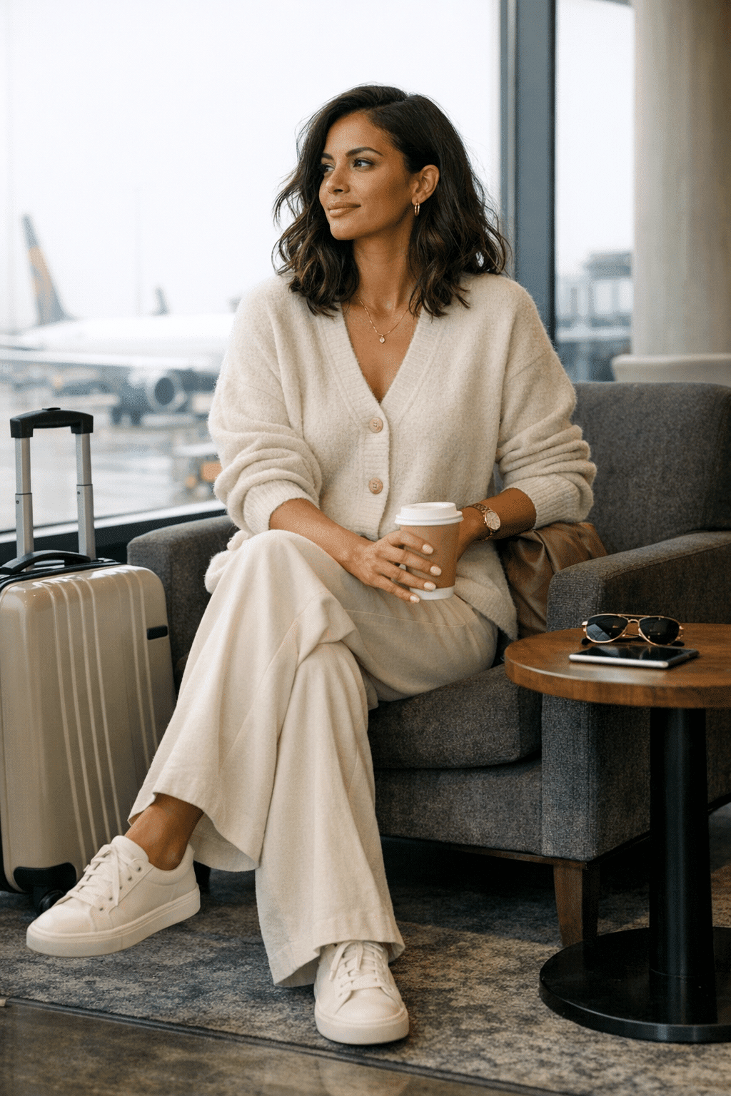 Soft cardigan paired with wide-leg trousers for chic comfort, perfect travel outfit ideas women love Soft cardigan paired with wide-leg trousers for chic comfort, perfect travel outfit ideas women love