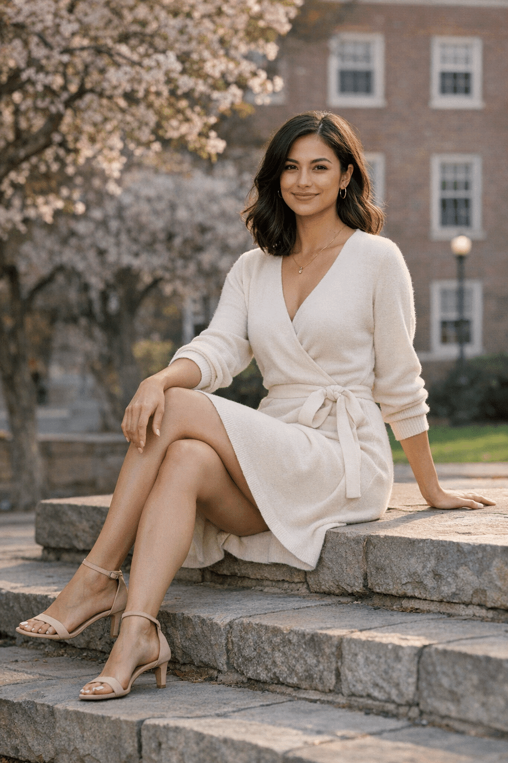 Soft knit wrap dress in a flattering silhouette, ideal for graduation outfits for women