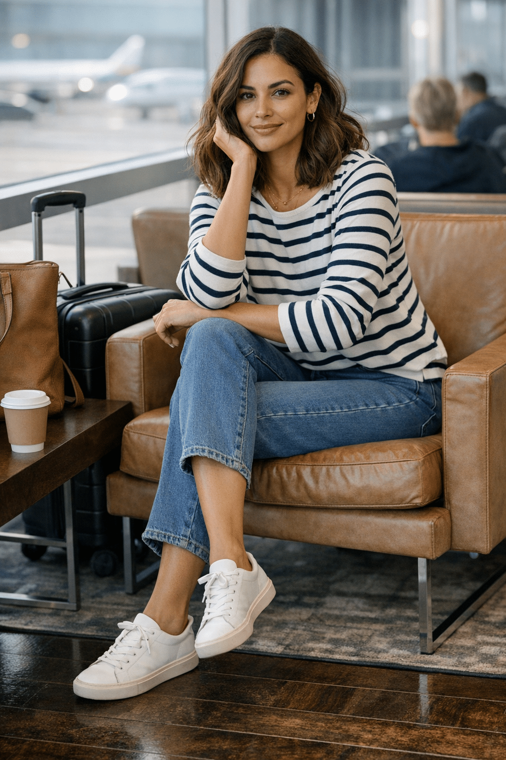 Striped Breton top with cropped jeans and flats, chic travel outfit ideas women love for city trips Striped Breton top with cropped jeans and flats, chic travel outfit ideas women love for city trips