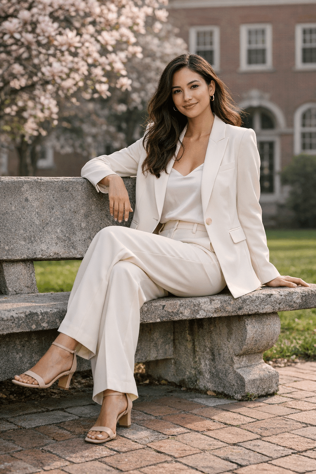 Tailored blazer and wide-leg trousers set styled as chic graduation outfits for women