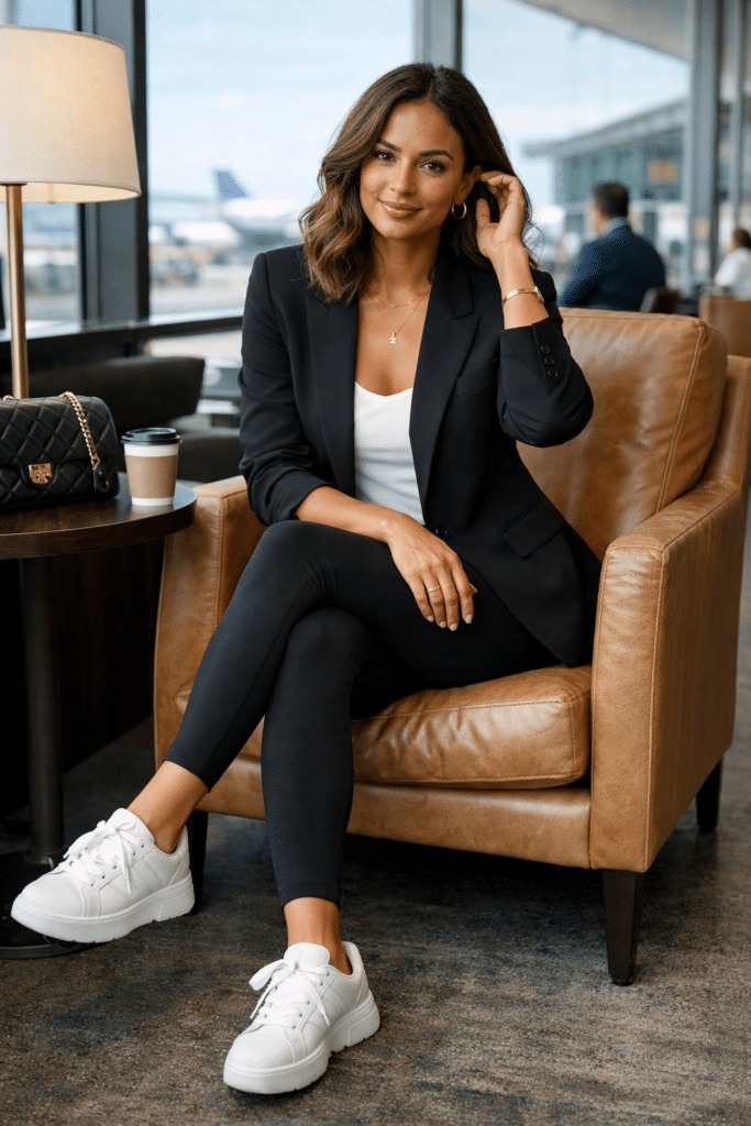Tailored blazer with sleek leggings styled for chic travel outfit ideas women on the go