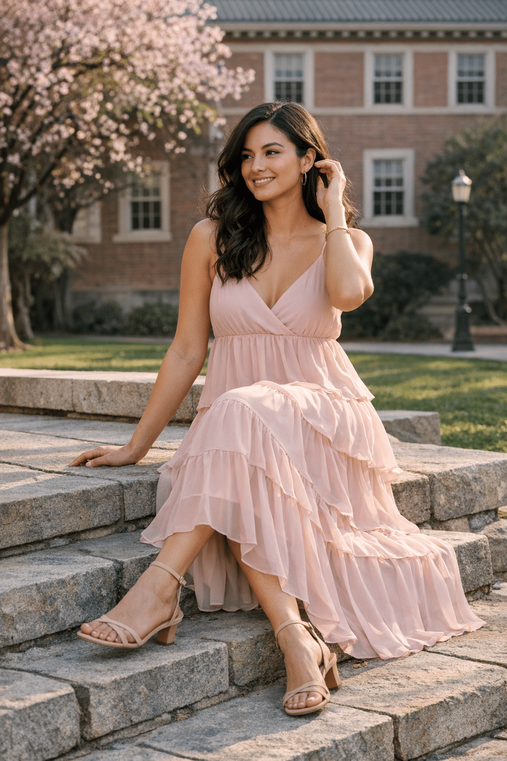 Tiered maxi dress in soft chiffon, flowy and elegant, perfect for graduation outfits for women