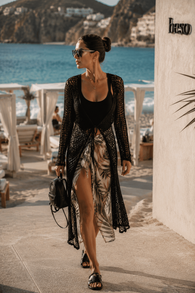 Woman wearing black crochet cover-up and tropical sarong walking at Cabo beach club resort.