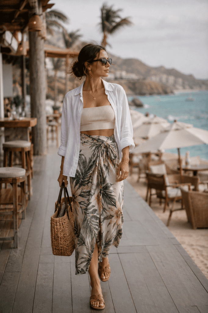 Woman wearing tropical wrap skirt and white linen shirt walking at Cabo beach resort.