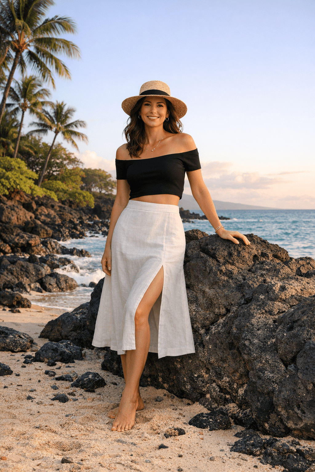 A-line linen midi skirt with side slit styled for hawaii outfits women over 40