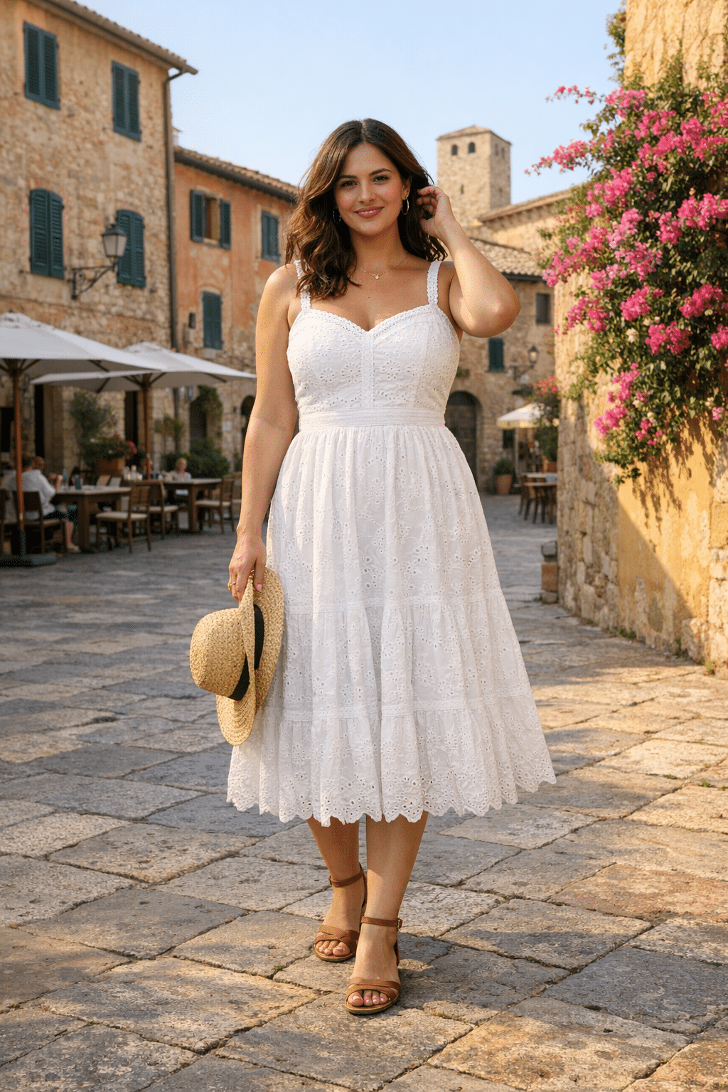 Classic white sundress with eyelet details styled for summer italy outfits