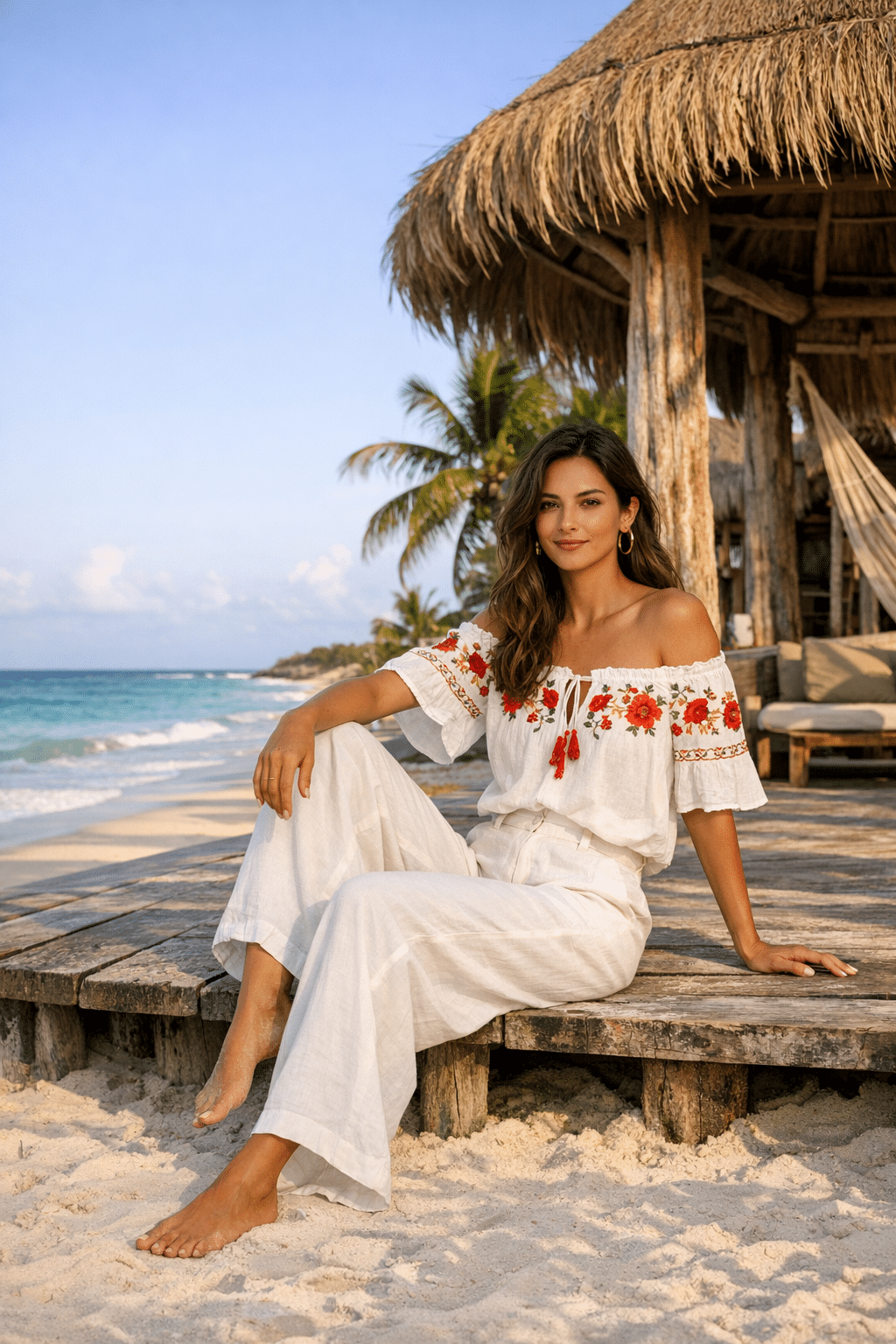 Embroidered peasant blouse with wide-leg trousers styled for chic tulum outfits