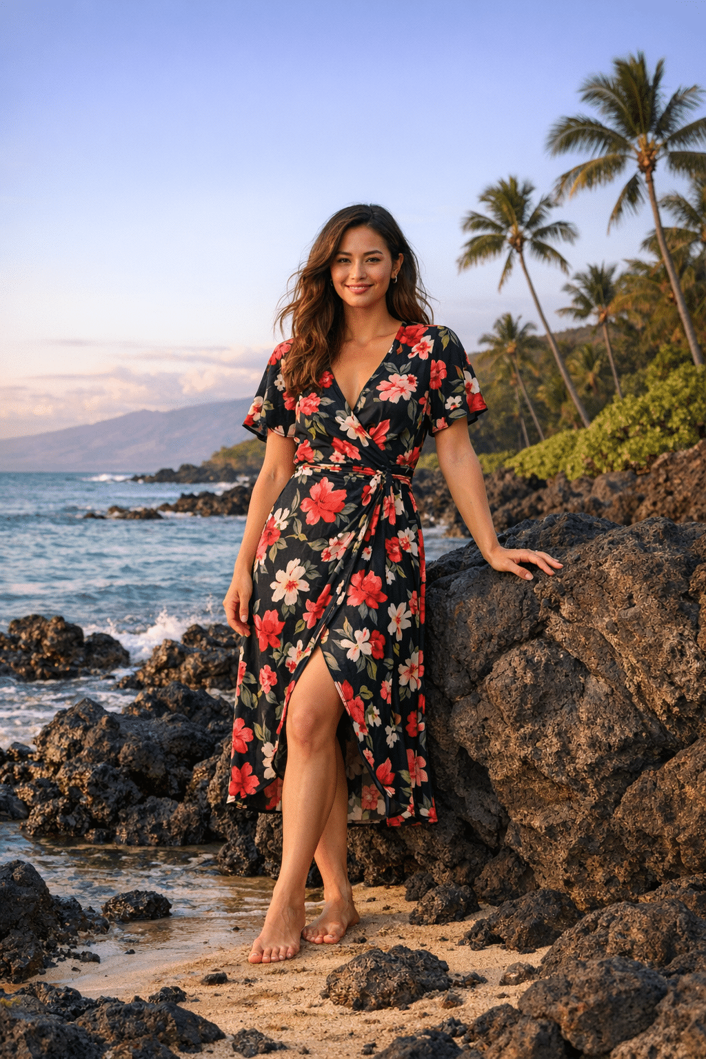 Floral wrap midi dress styled for breezy hawaii vacation outfits with tropical island vibes