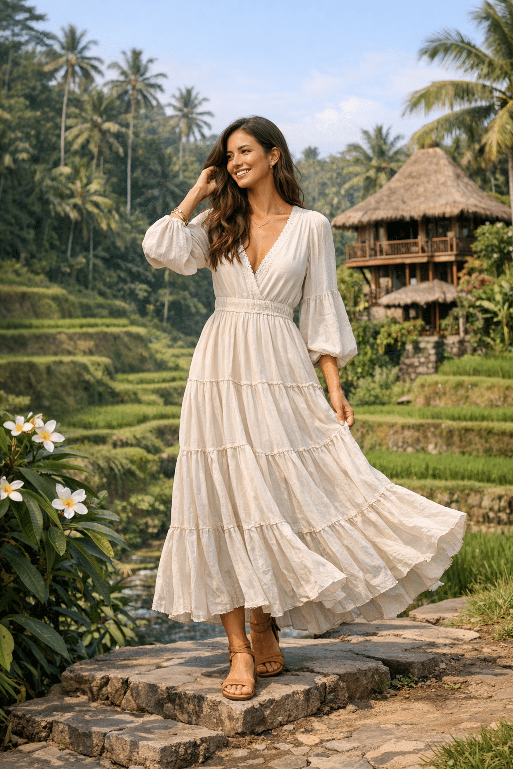 Flowy boho maxi dress with tiered skirt, perfect for bali vacation outfits by the beach Flowy boho maxi dress with tiered skirt, perfect for bali vacation outfits by the beach