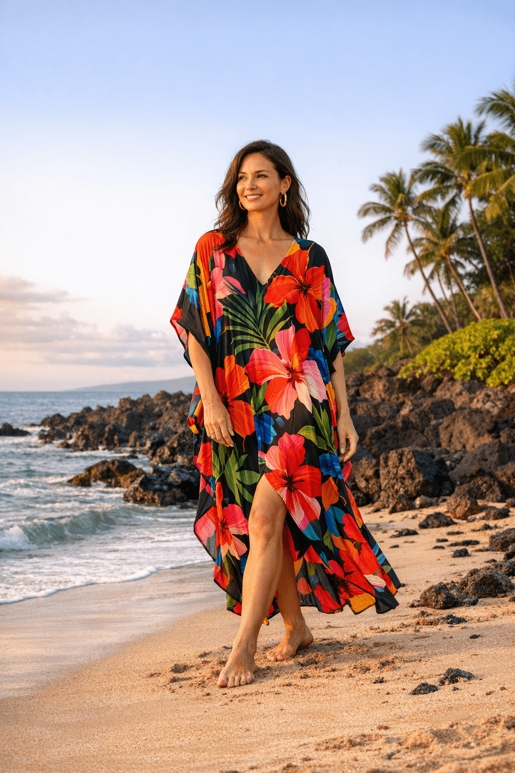 Flowy kaftan dress in bold island print, perfect for hawaii outfits women over 40 seeking breezy elegance