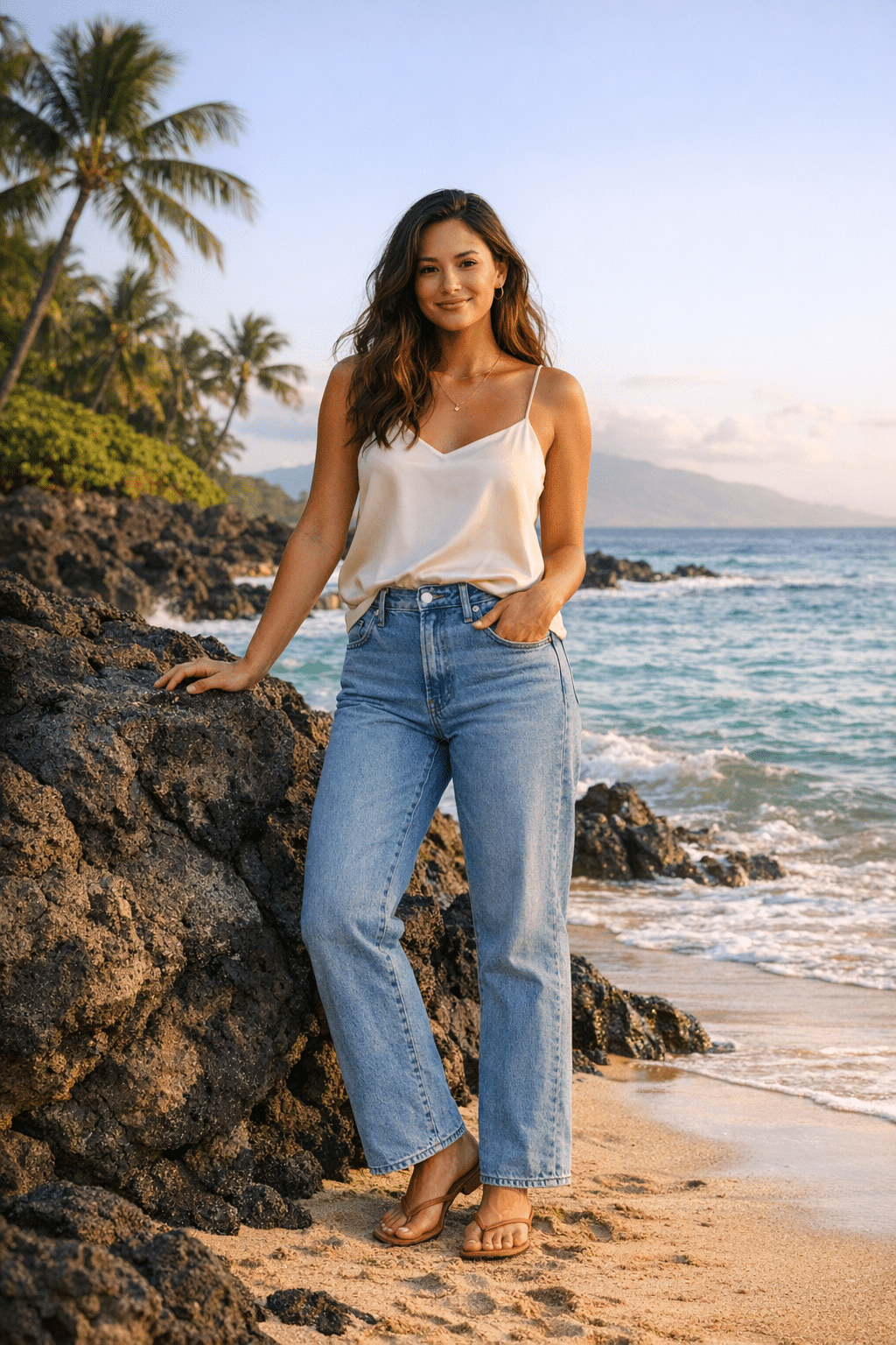 High-rise straight jeans with silk camisole styled for chic hawaii vacation outfits
