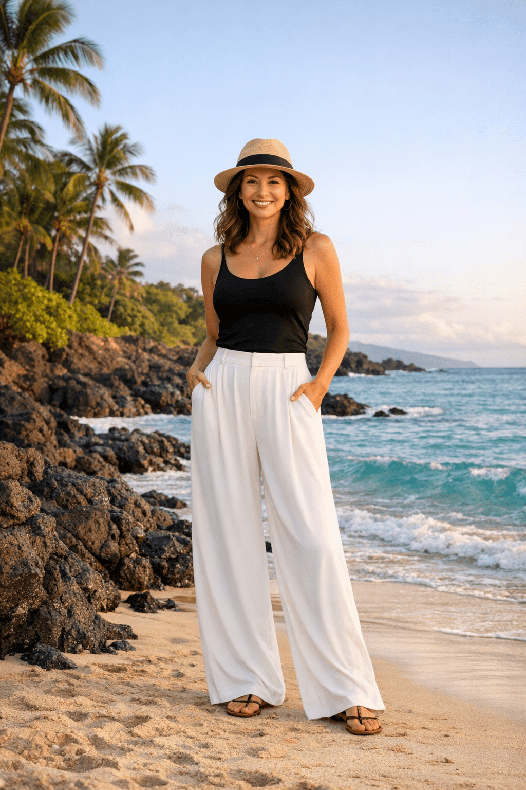 High-waisted flowing crepe palazzo pants styled for hawaii outfits women over 40, breezy and elegant