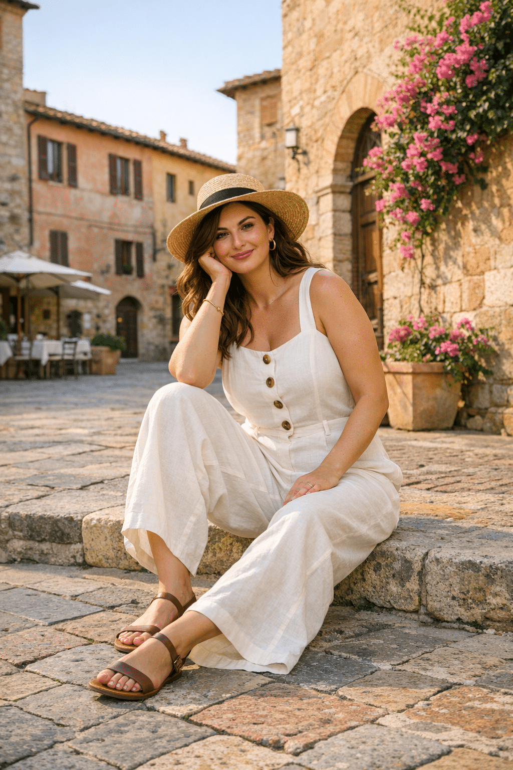 Linen wide-leg jumpsuit with button detail styled for chic italy outfits
