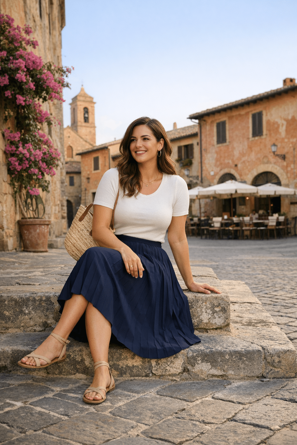 Pleated midi skirt with fitted short-sleeve knit top styled for chic italy outfits
