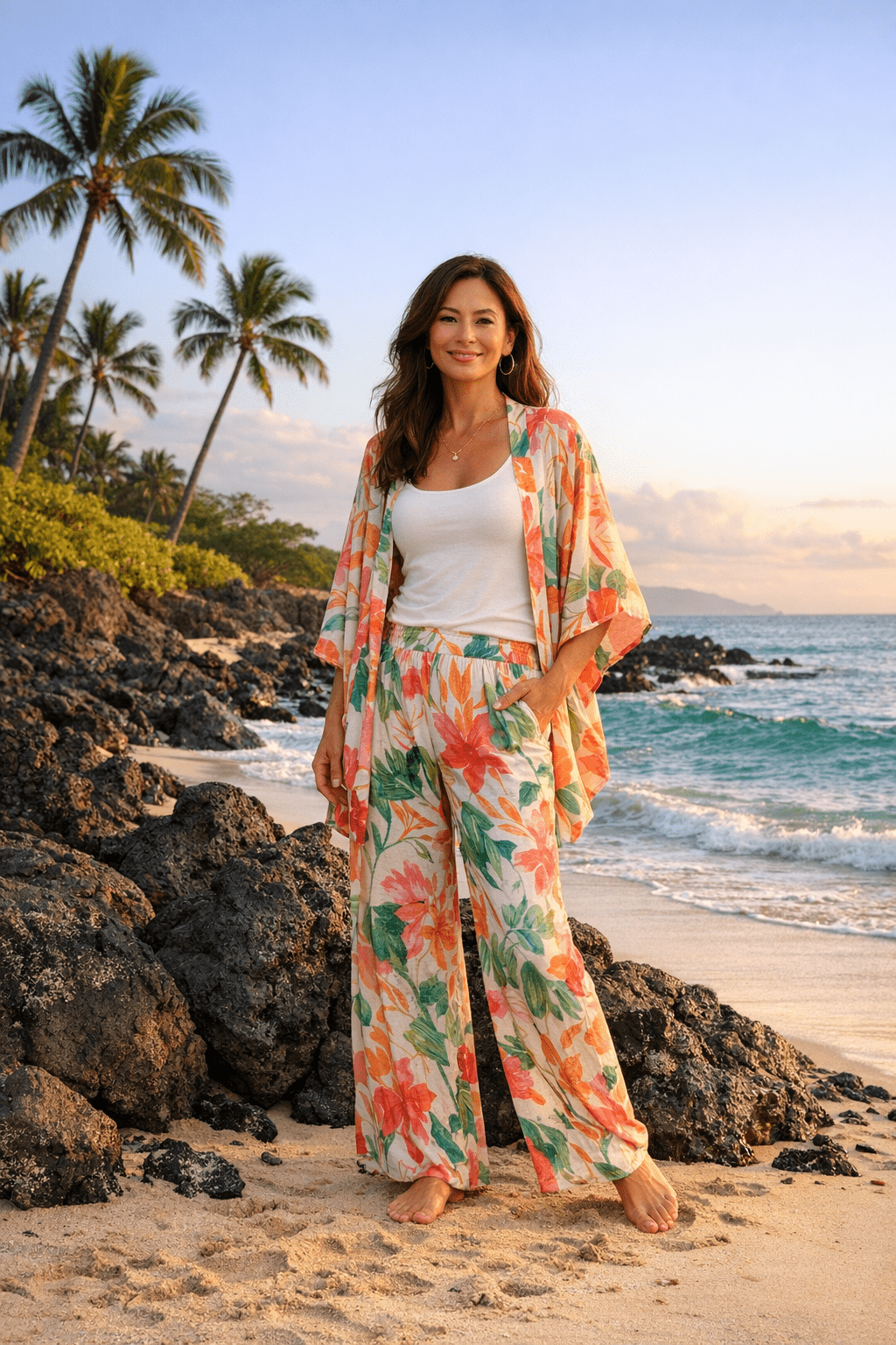 Printed kimono cover-up with wide-leg resort pants, chic hawaii outfits women over 40 style