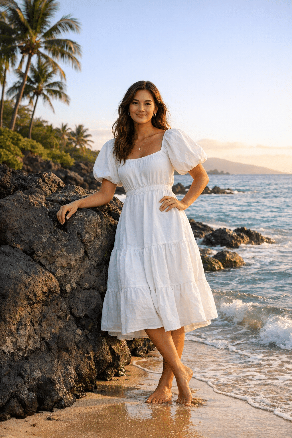Puff-sleeve cotton sundress styled for hawaii vacation outfits with a breezy tropical vibe