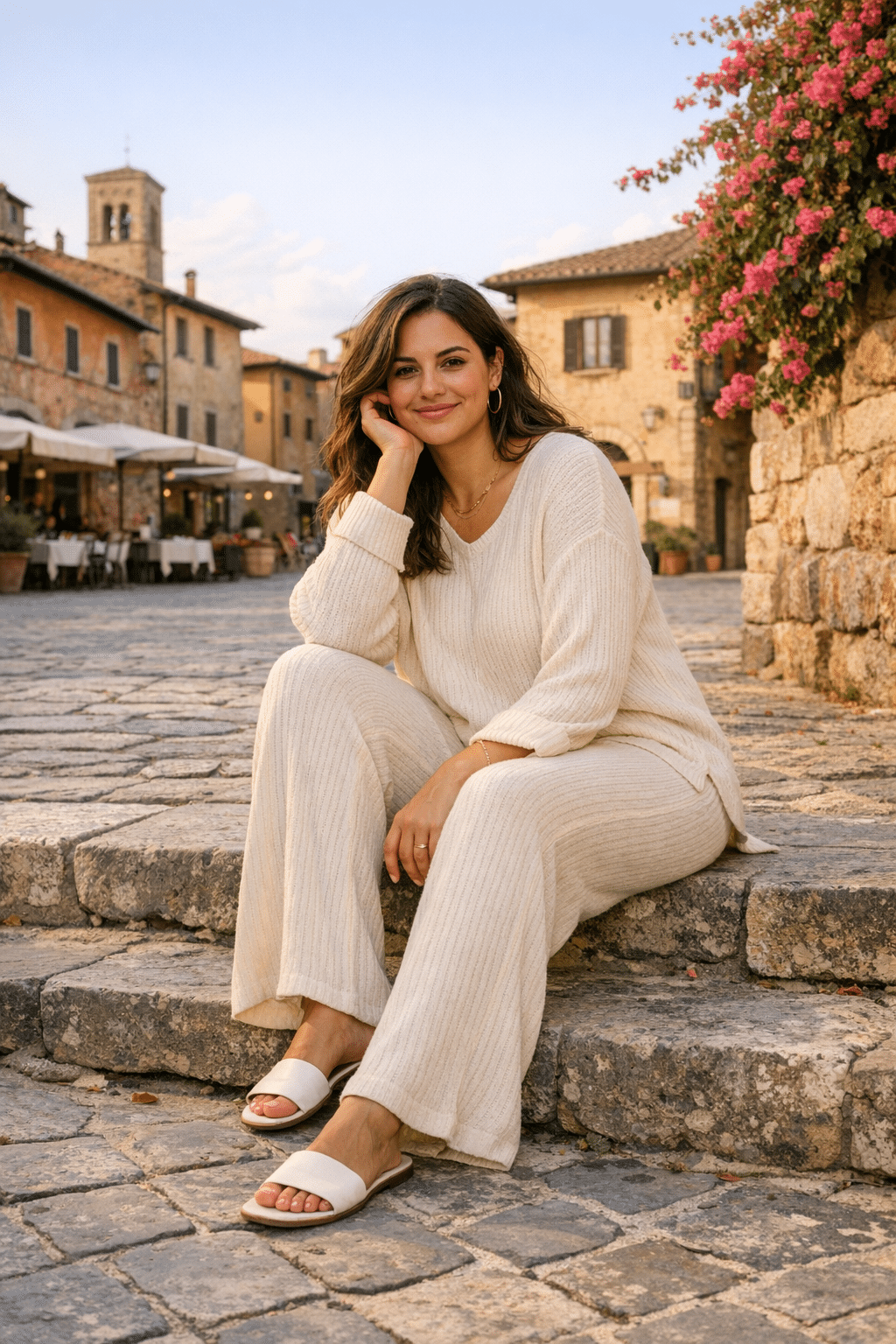 Ribbed knit lounge set with wide-leg pants styled for chic italy outfits