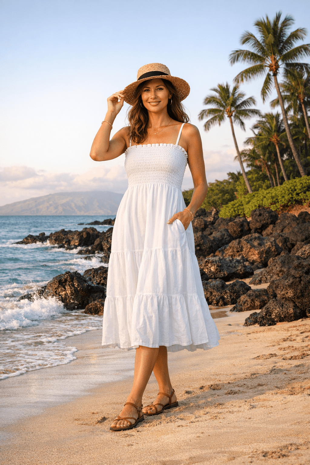 Smocked bodice sundress in breathable cotton voile, ideal for hawaii outfits women over 40
