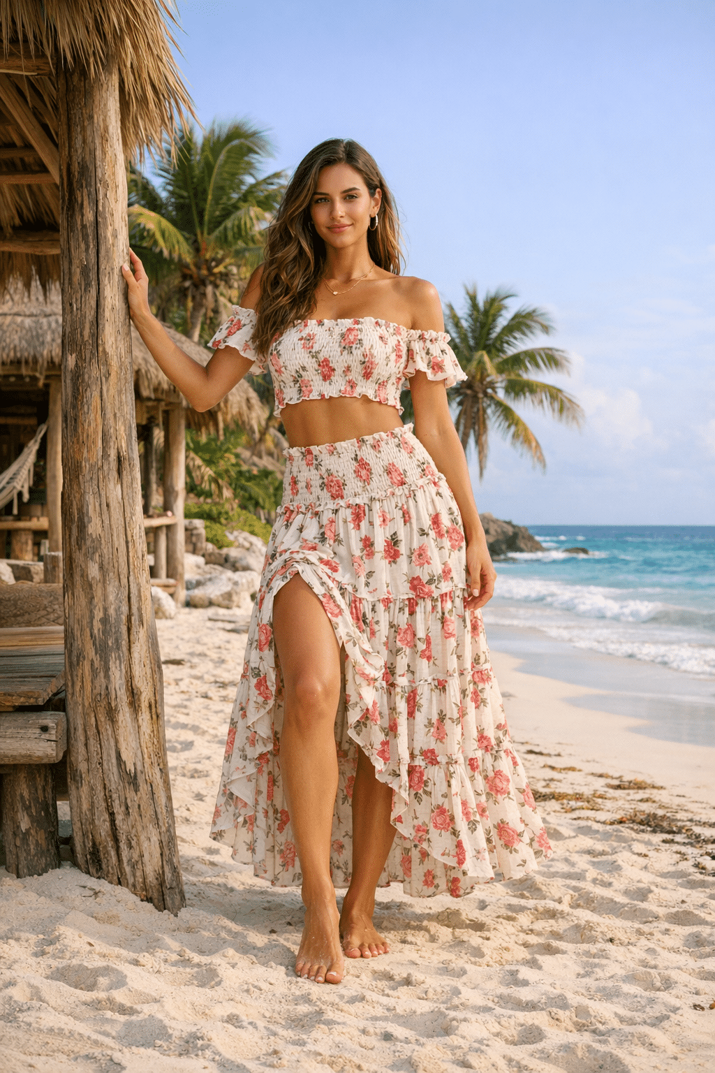 Smocked floral two-piece skirt set perfect for tulum outfits with a breezy beach vibe