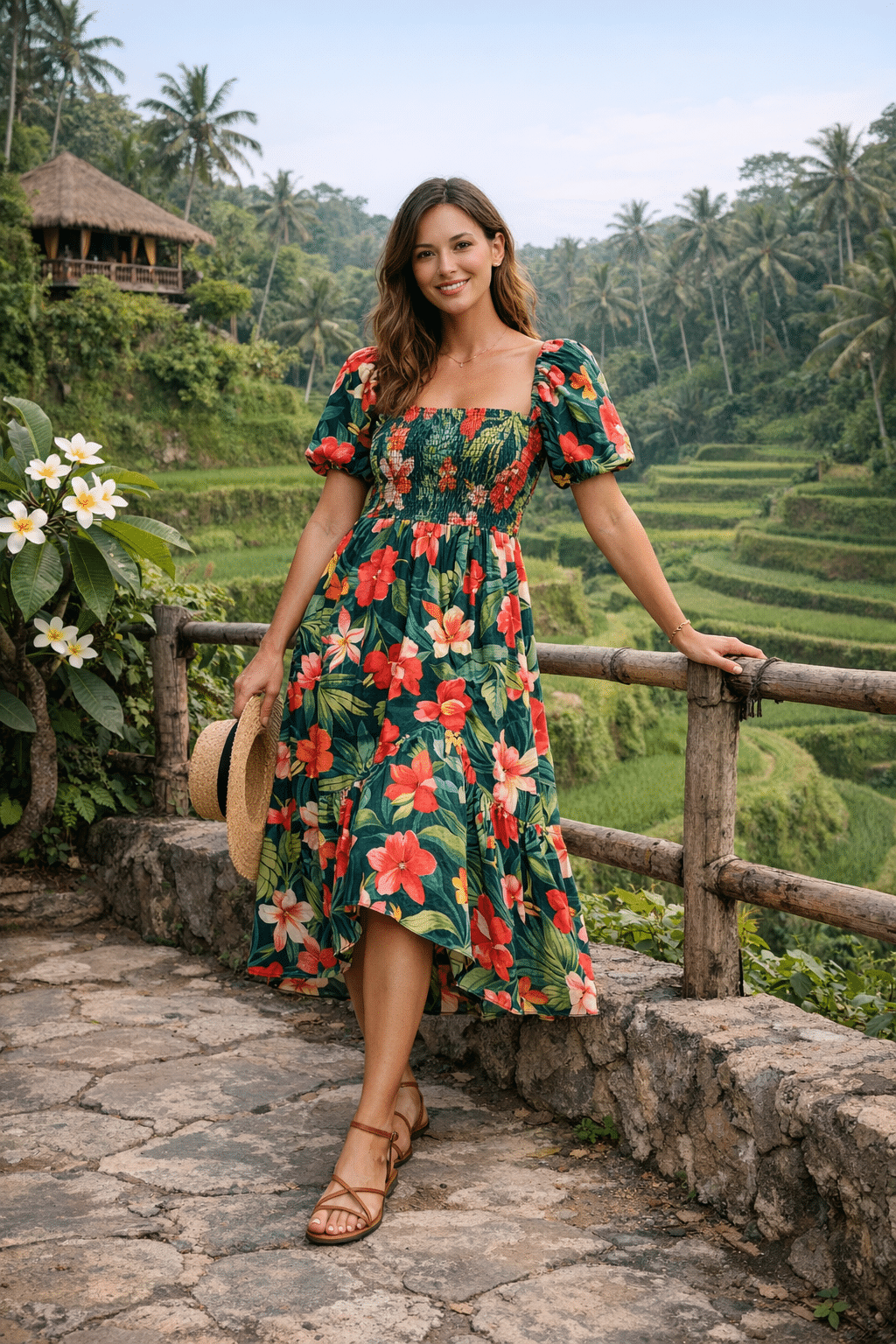 Smocked tropical sundress with puff sleeves, perfect for bali vacation outfits Smocked tropical sundress with puff sleeves, perfect for bali vacation outfits