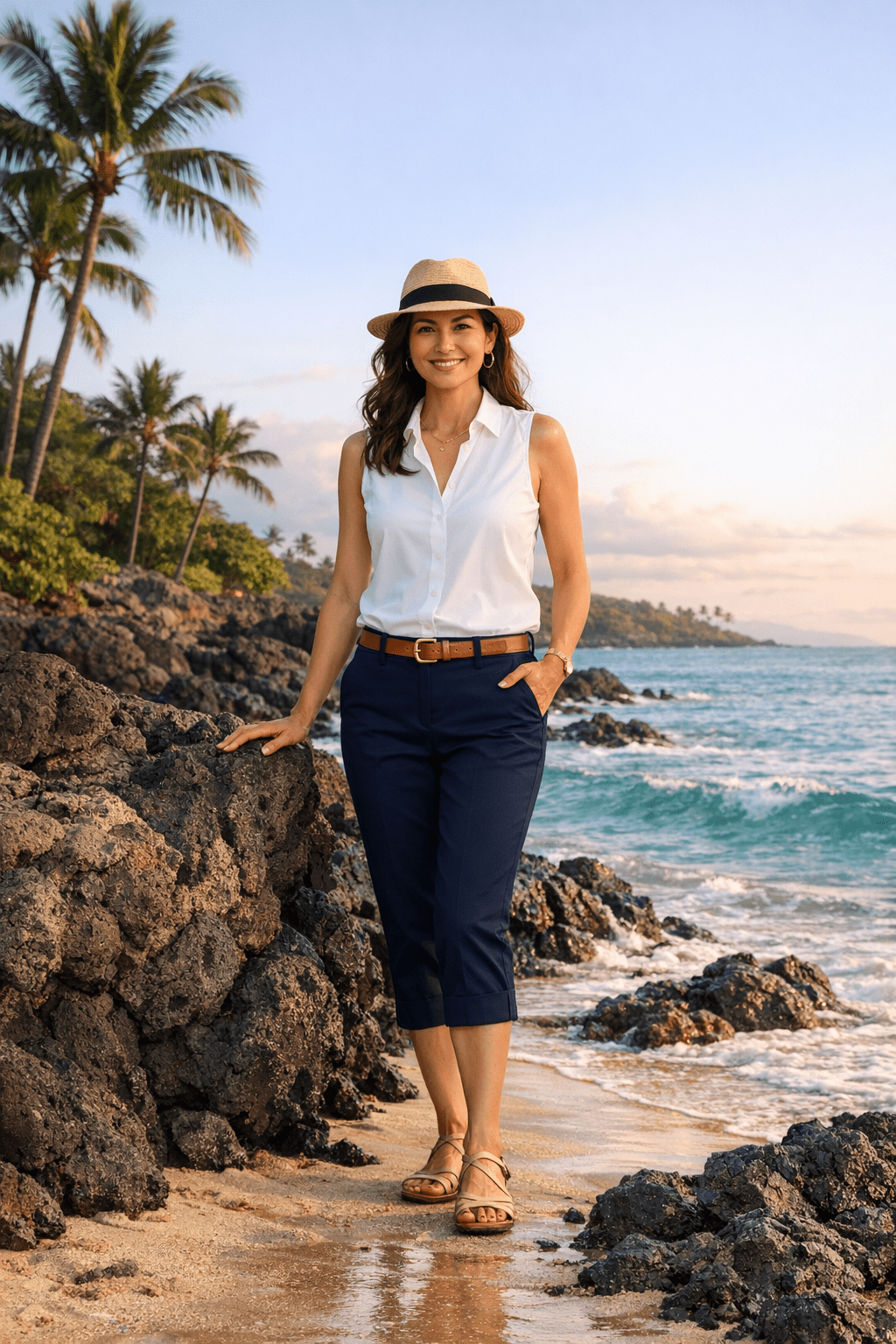 Tailored capri pants in stretch cotton blend styled for hawaii outfits women over 40