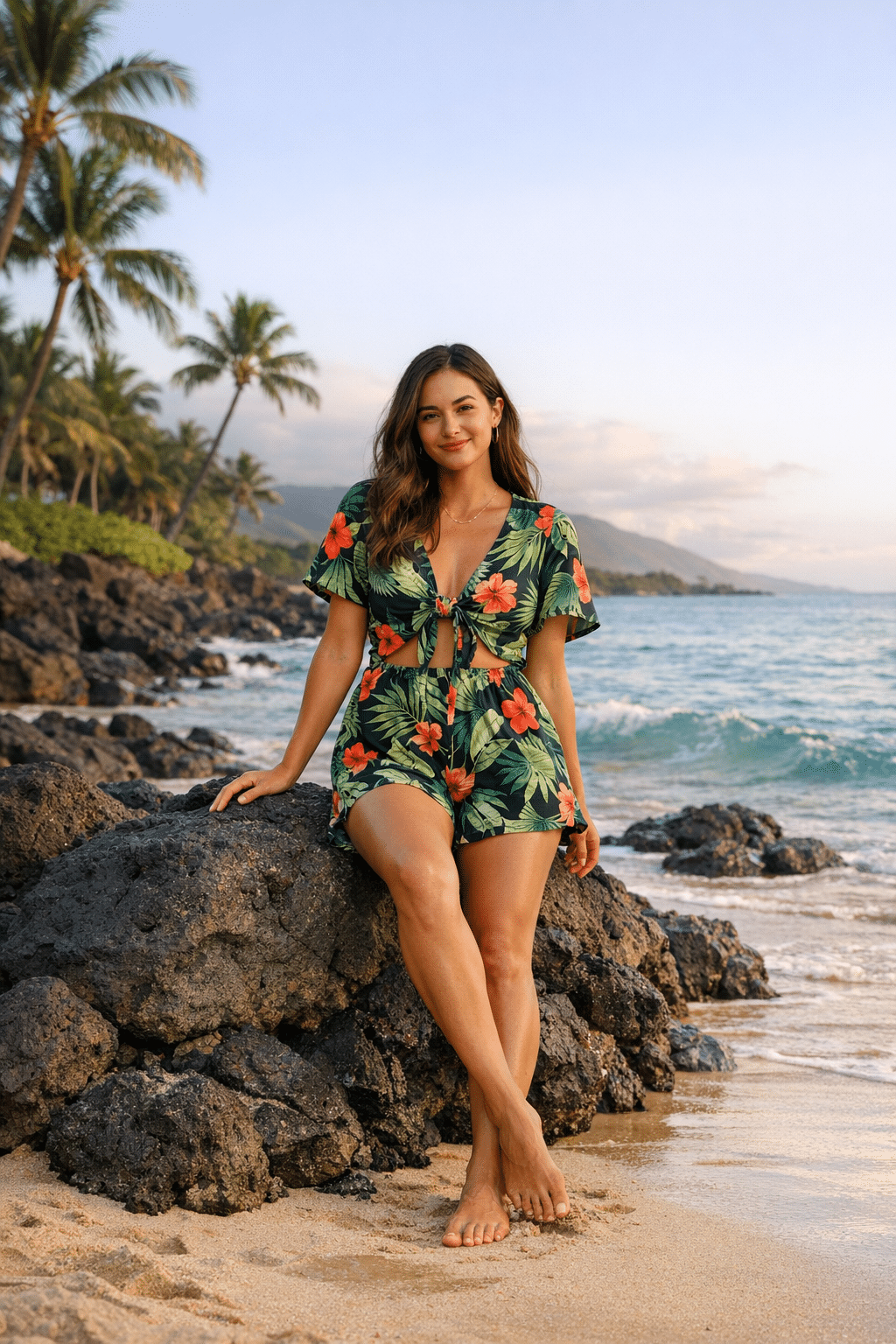 Tropical print tie-front romper styled for hawaii vacation outfits with breezy island vibes