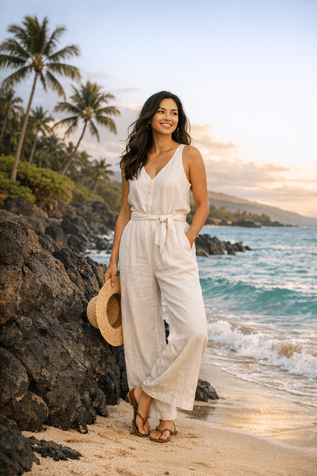 Wide-leg linen jumpsuit styled for hawaii vacation outfits with breezy beach vibe