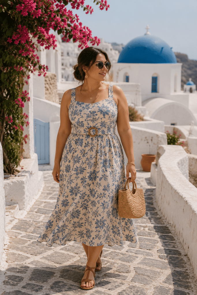 Belted midi sundress perfect for midsize Greece outfits, showcasing effortless style for summer getaways.