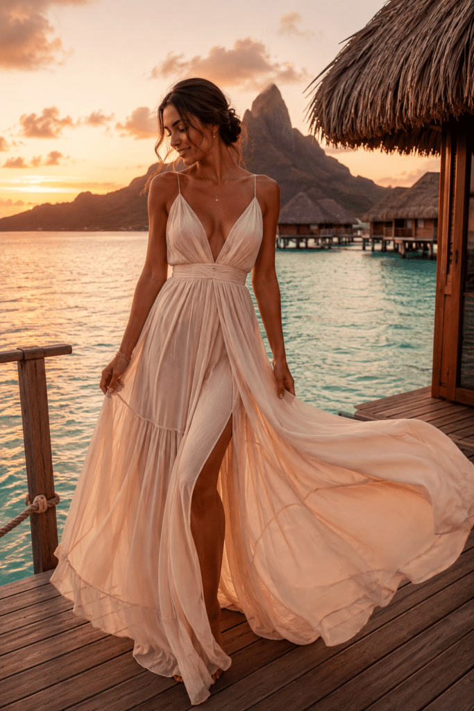 Romantic flowy maxi and bikini for Bora Bora honeymoon outfits, featuring a silk slip dress and tropical print wrap skirt.