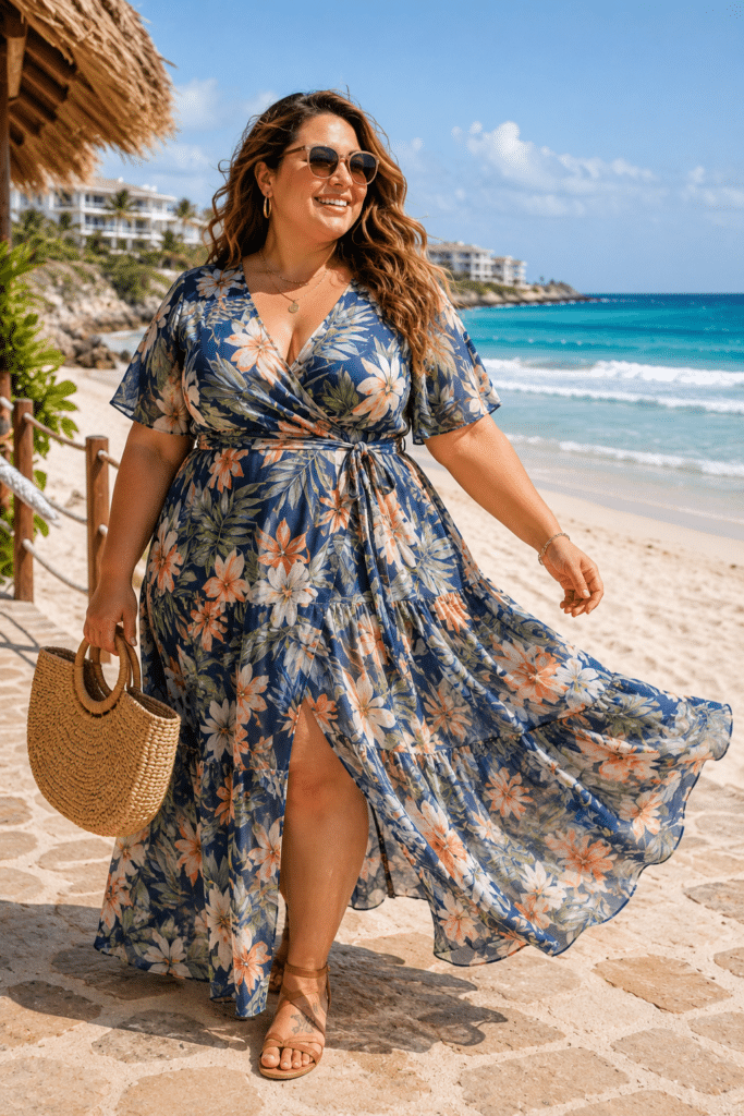 Plus size Cancun outfits featuring a breezy maxi dress, bold print wrap dress, and stylish matching two-piece set. Plus size woman wearing a blue tropical floral chiffon maxi dress walking along a sunny Cancun beach with a woven tote bag and ocean views in the background.