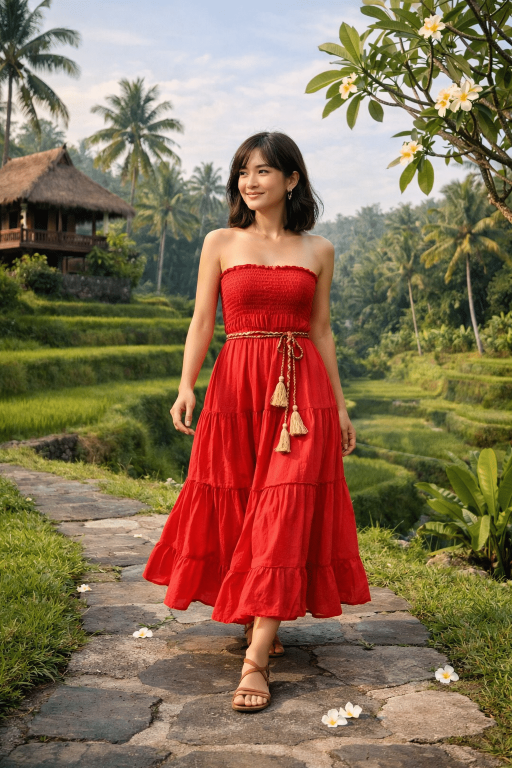 Stylish outfit perfect for Bali honeymoon outfits, featuring vibrant colors and tropical patterns for a romantic getaway.