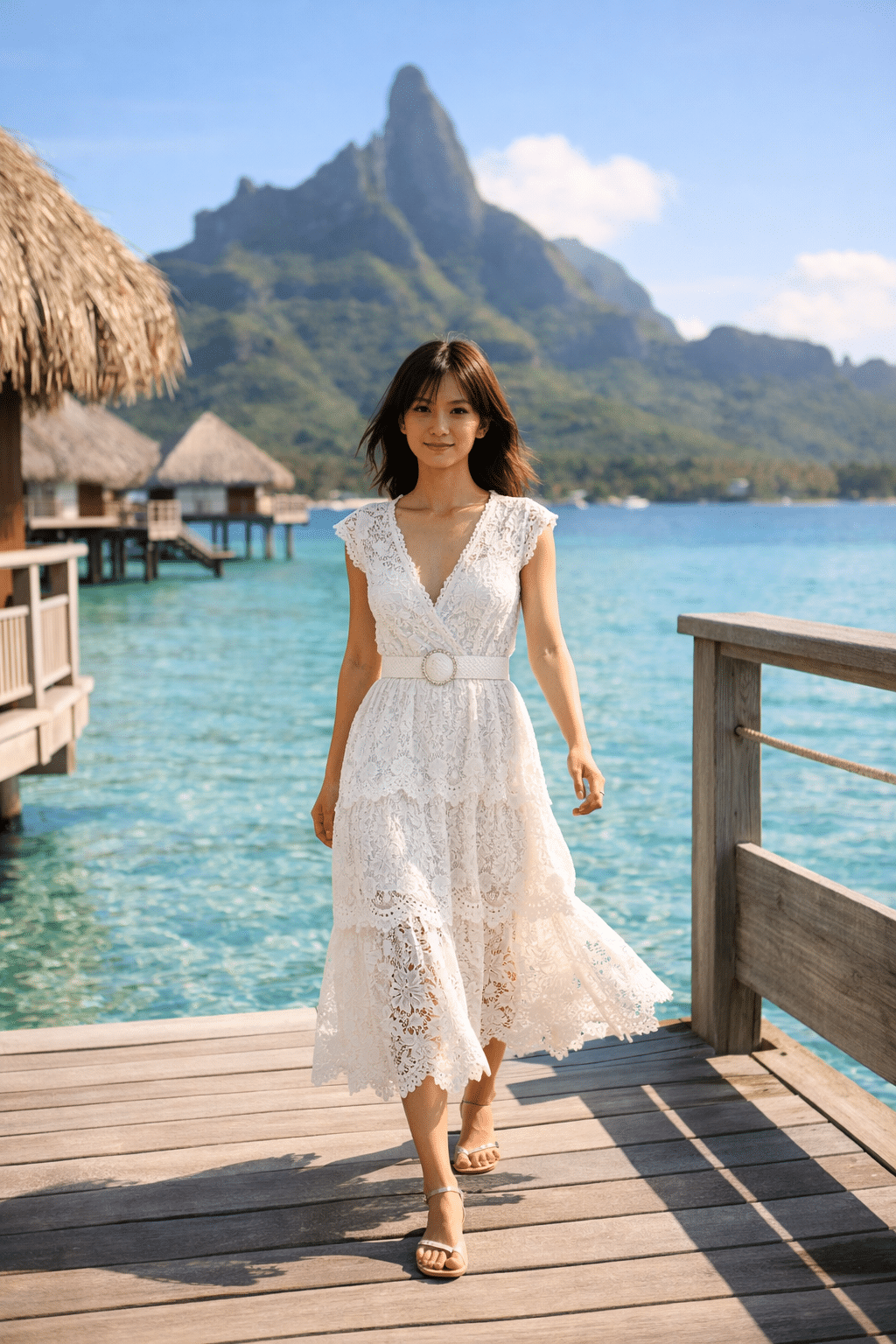 Stylish outfit for a Bora Bora honeymoon, perfect for romantic beach evenings and exploring the island's beauty.