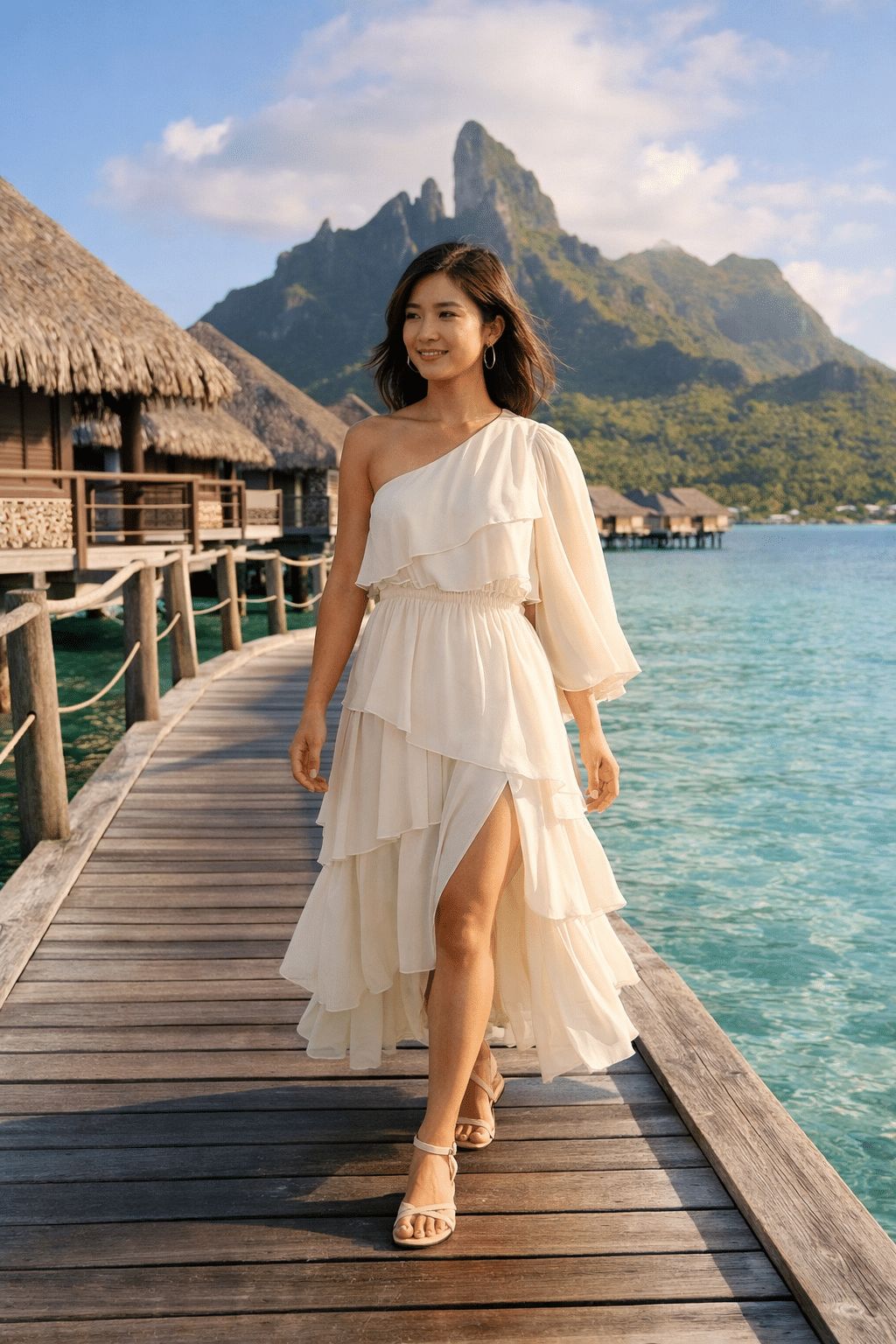 Stylish outfit for a Bora Bora honeymoon, perfect for romantic beach walks and sunset dinners.