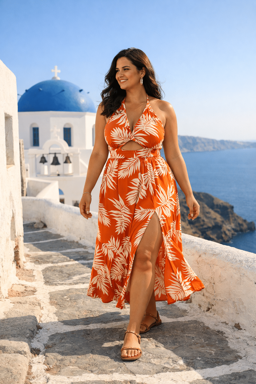 Chic midsize Greece outfits for a sunny day, featuring a trendy ensemble perfect for exploring beautiful landscapes.