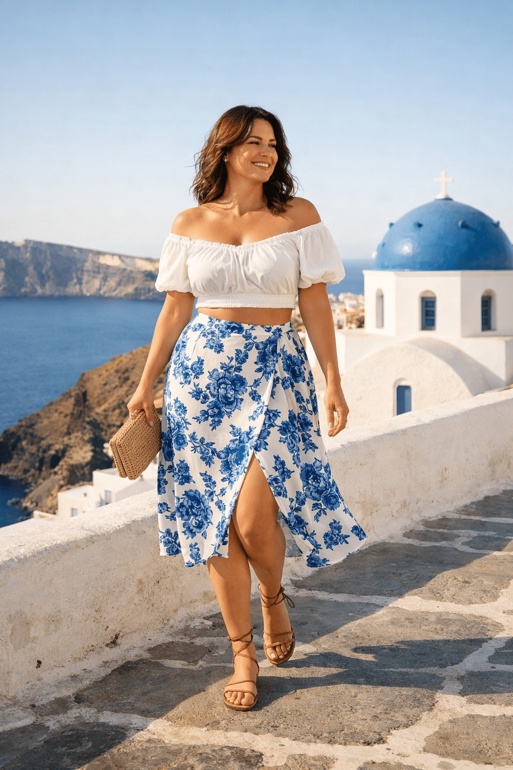 Stylish midsize Greece outfits for a chic summer getaway, featuring vibrant colors and trendy accessories.