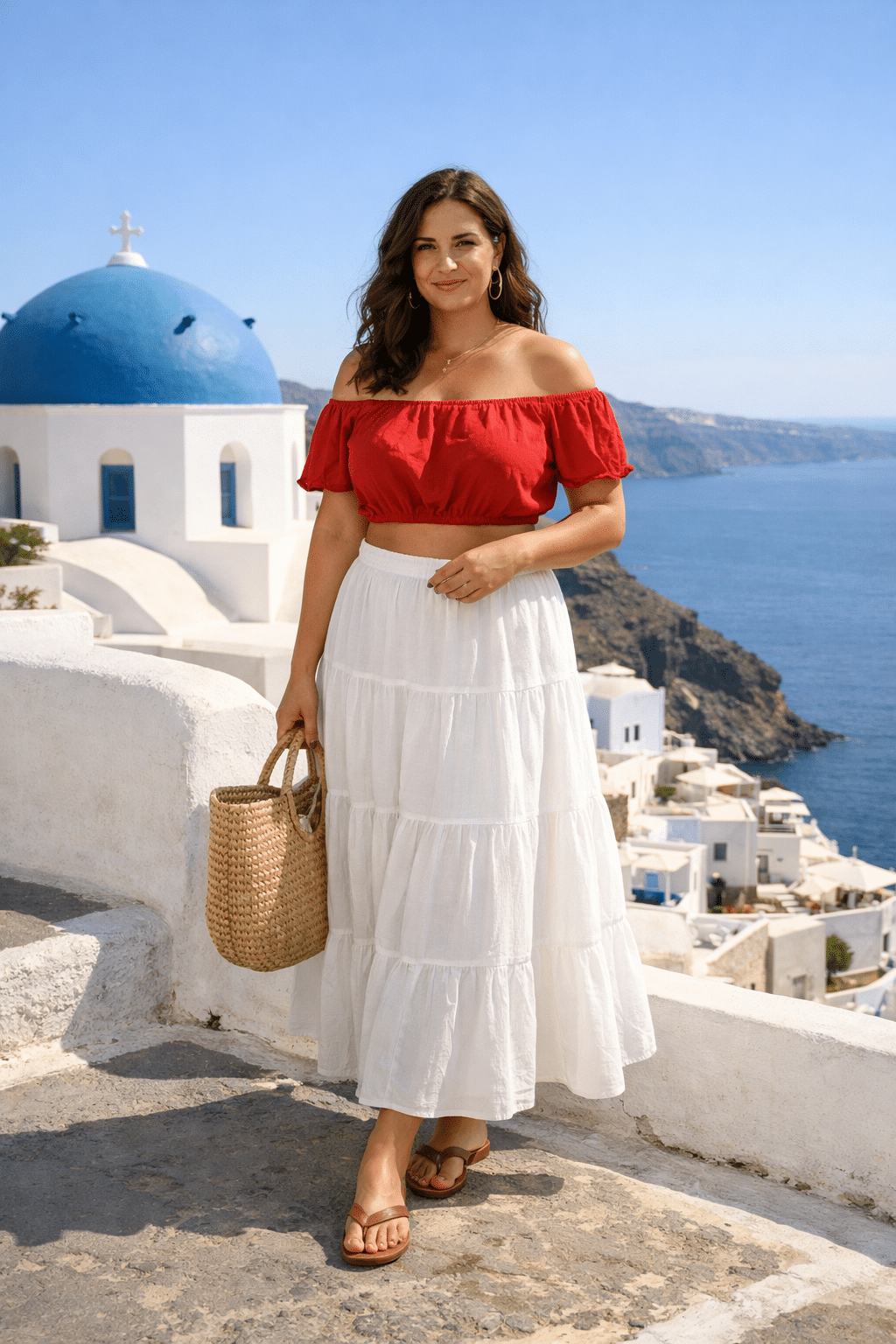 Stylish midsize Greece outfits featuring vibrant colors and trendy accessories for a chic summer look.