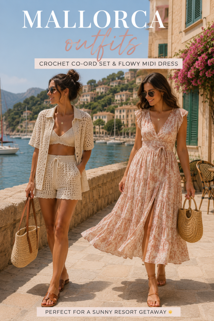 Crochet co-ord set and flowing midi dress styled for Mallorca outfits perfect for a sunny resort getaway.