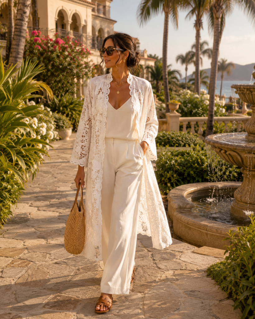 Sheer white embroidered cover-up for 7 day beach vacation packing—beach-ready in southern France.