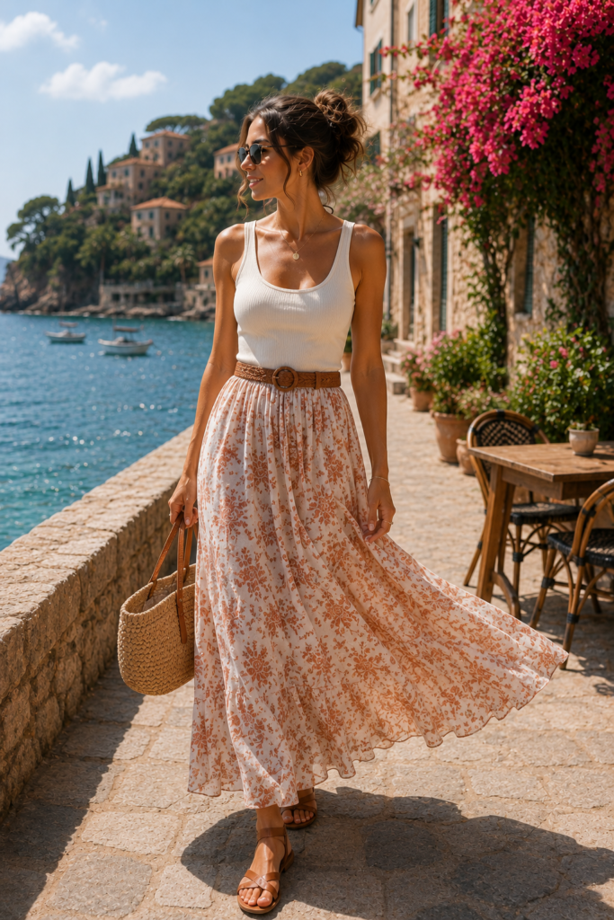 Woman wearing a white ribbed tank top and a flowing floral maxi skirt with flat sandals while strolling along a scenic seaside promenade in Mallorca with turquoise water and blooming bougainvillea.
