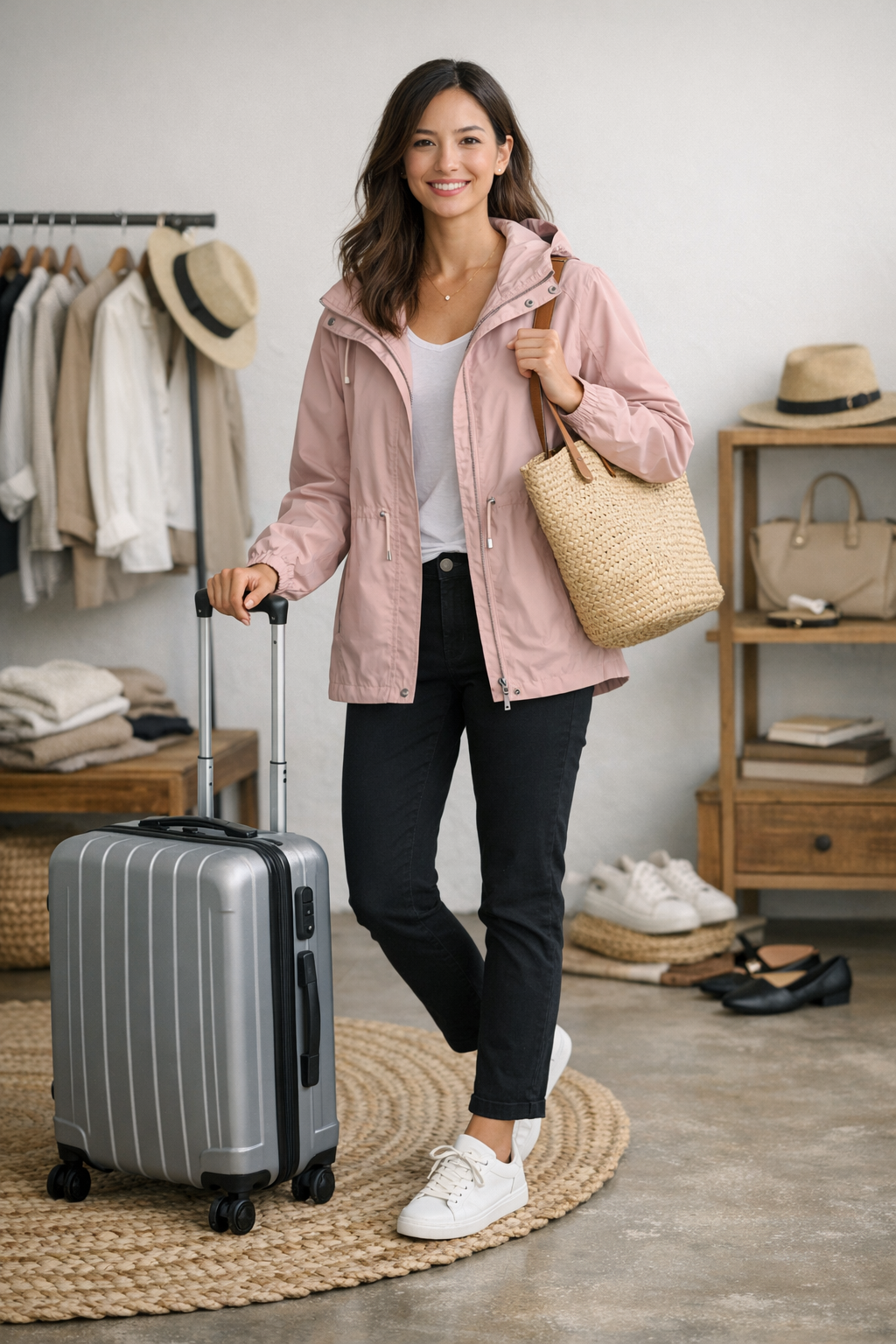 Blush packable rain jacket with hood for travel capsule wardrobe—ideal for destination travel wardrobe