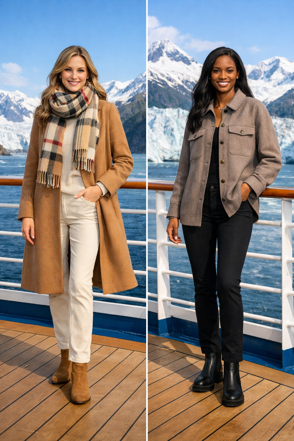 Camel wool-blend car coat with plaid scarf for alaska cruise outfits in destination