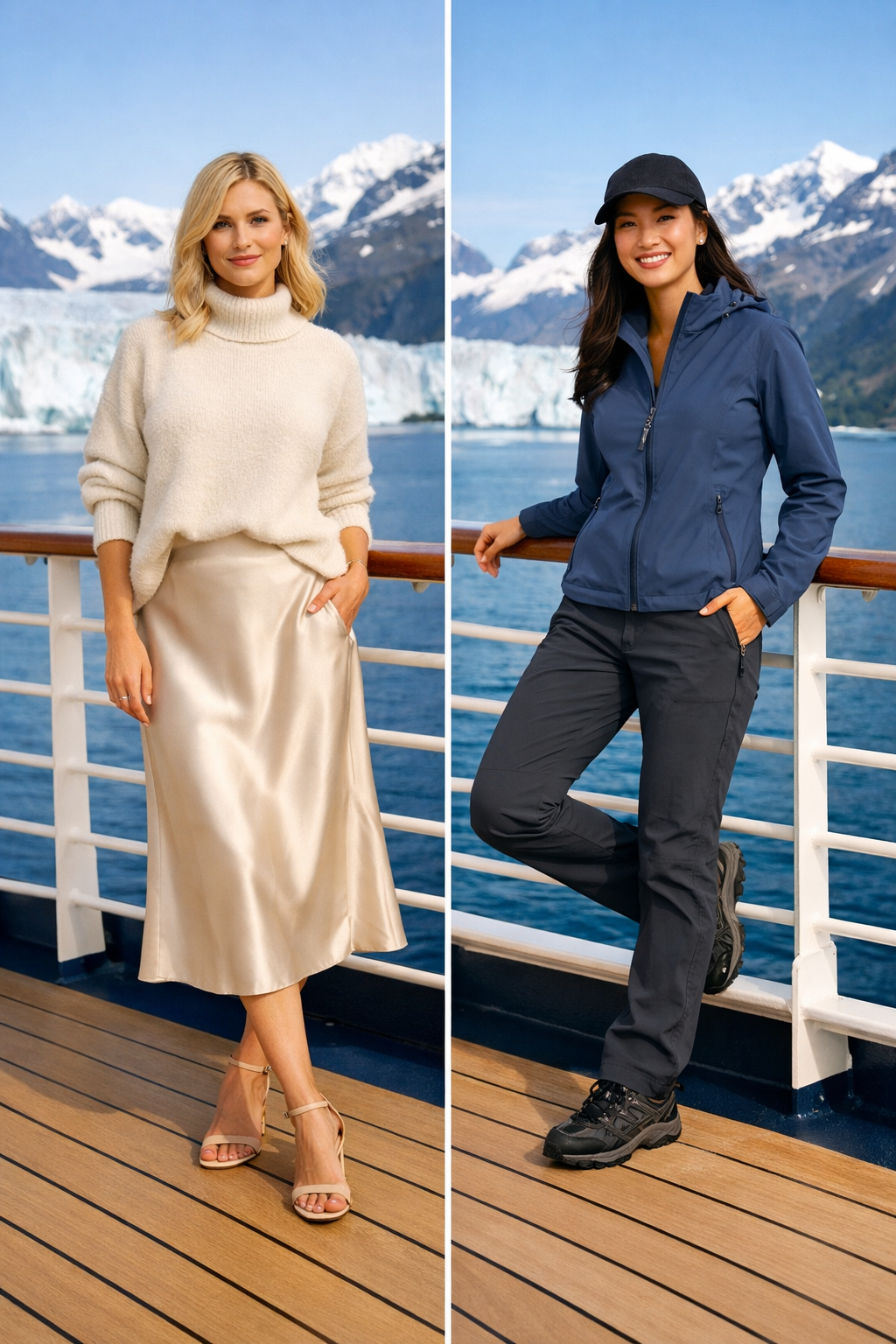 Champagne satin midi skirt with cozy mock-neck knit—easy alaska cruise outfits for a chilly destination