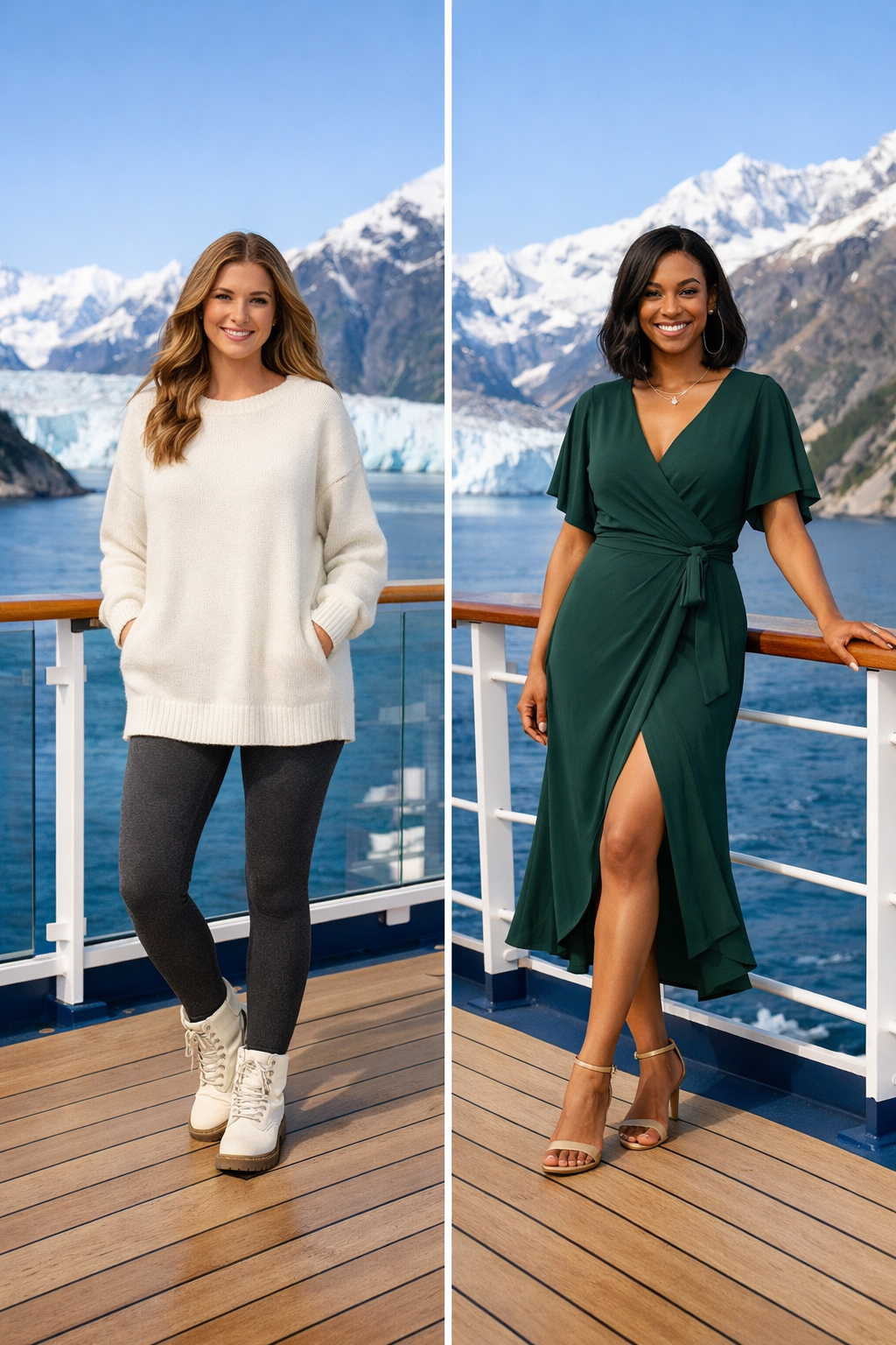Charcoal fleece-lined leggings with ivory tunic sweater for alaska cruise outfits in .