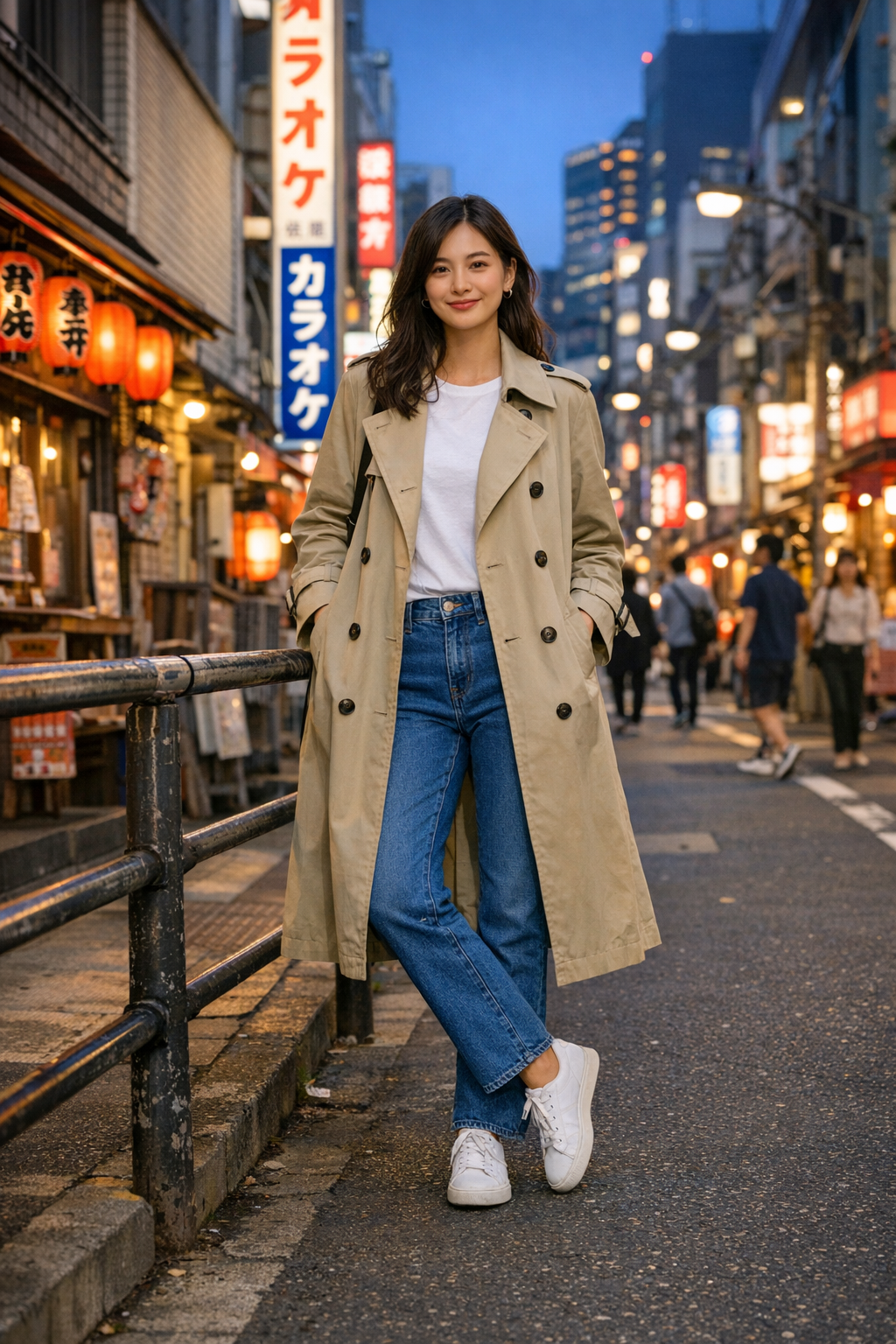 Classic beige trench coat over straight-leg jeans styled for chic tokyo outfits inspiration