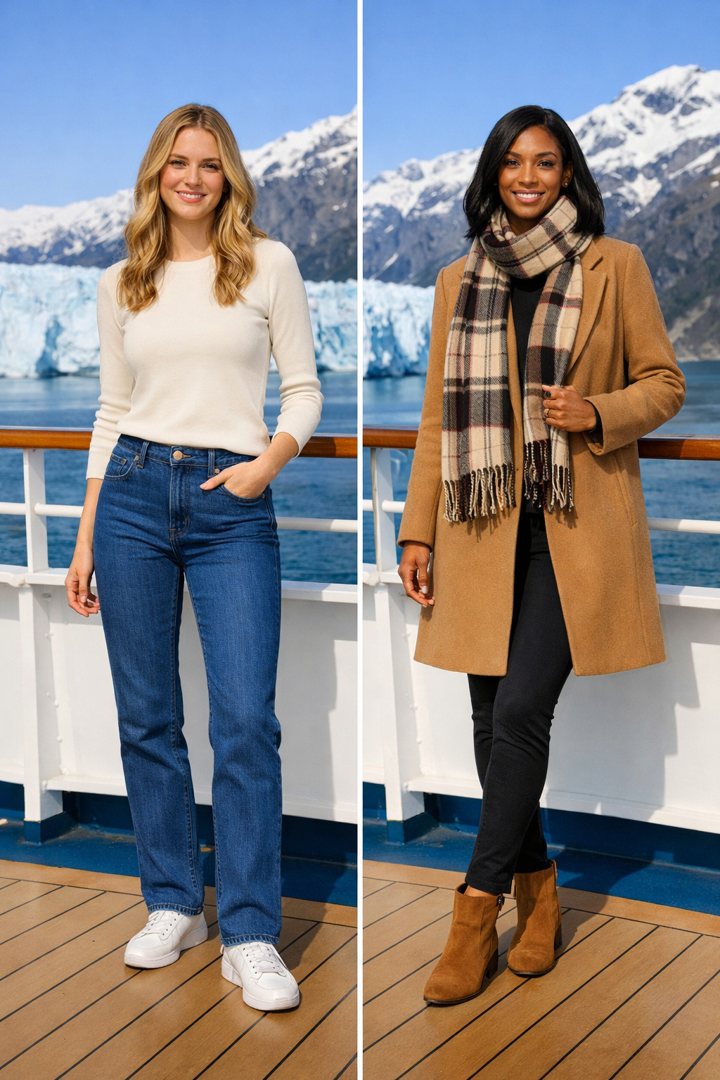 Cream merino base-layer top with straight blue denim for alaska cruise outfits in Alaska cruise port