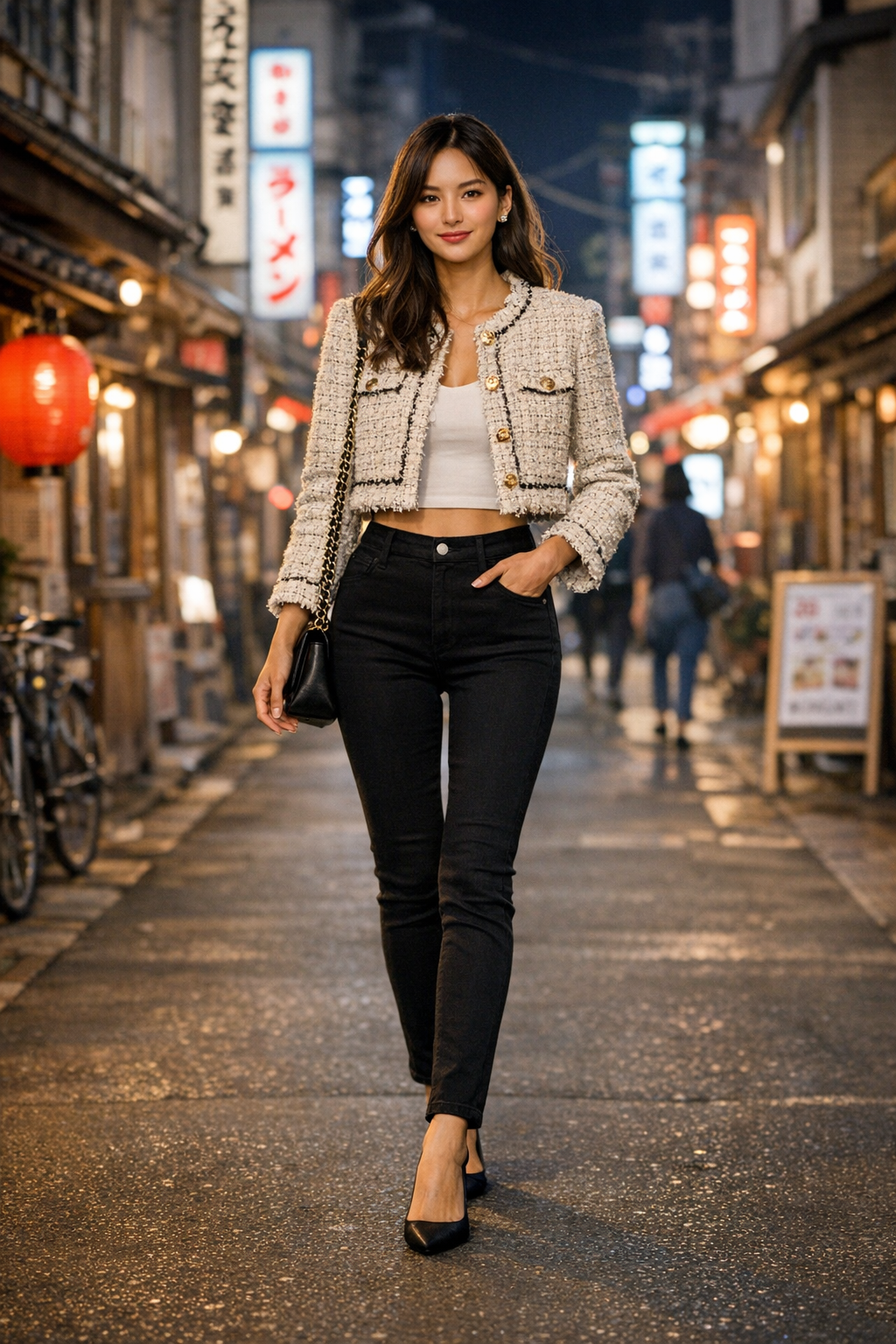 Cropped tweed jacket with high-rise slim pants styled for chic tokyo outfits